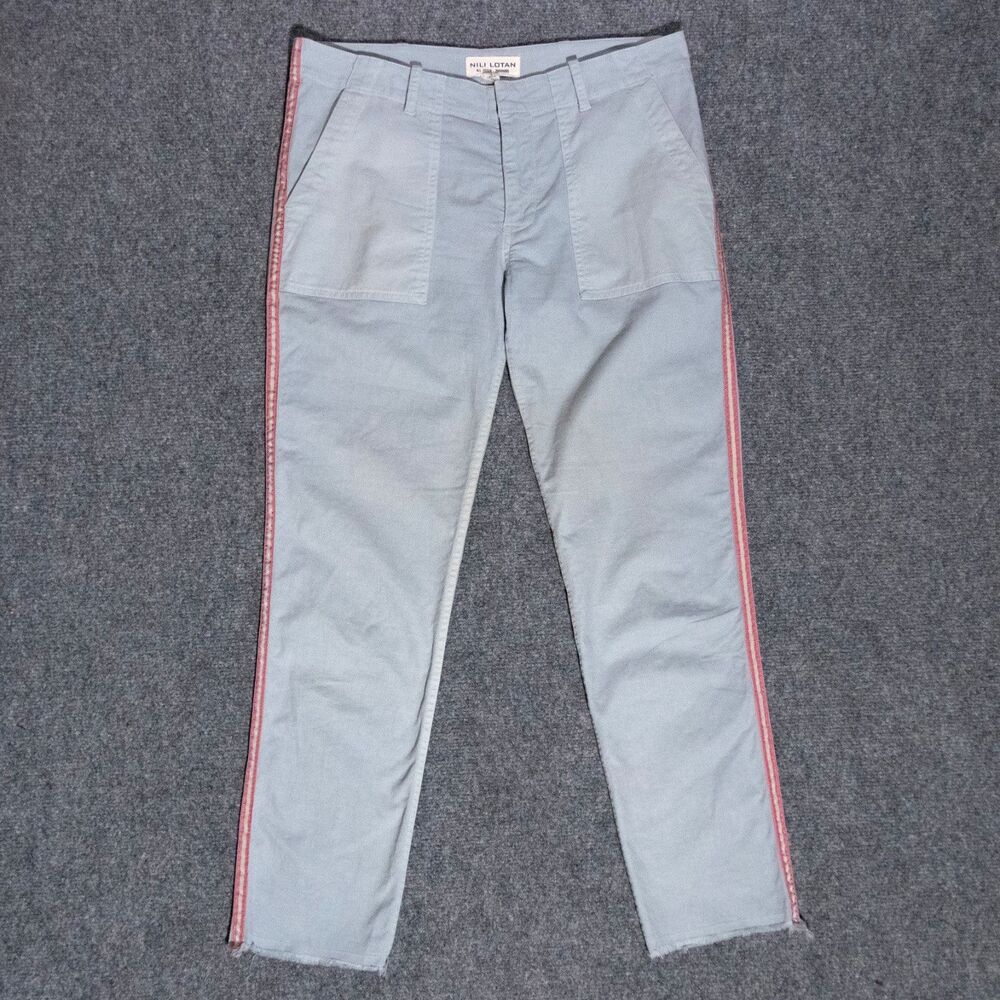 Nili Lotan Jenna Pants Grosgrain Side Tape Raw Hems Blue Stretch Women's 6 USA